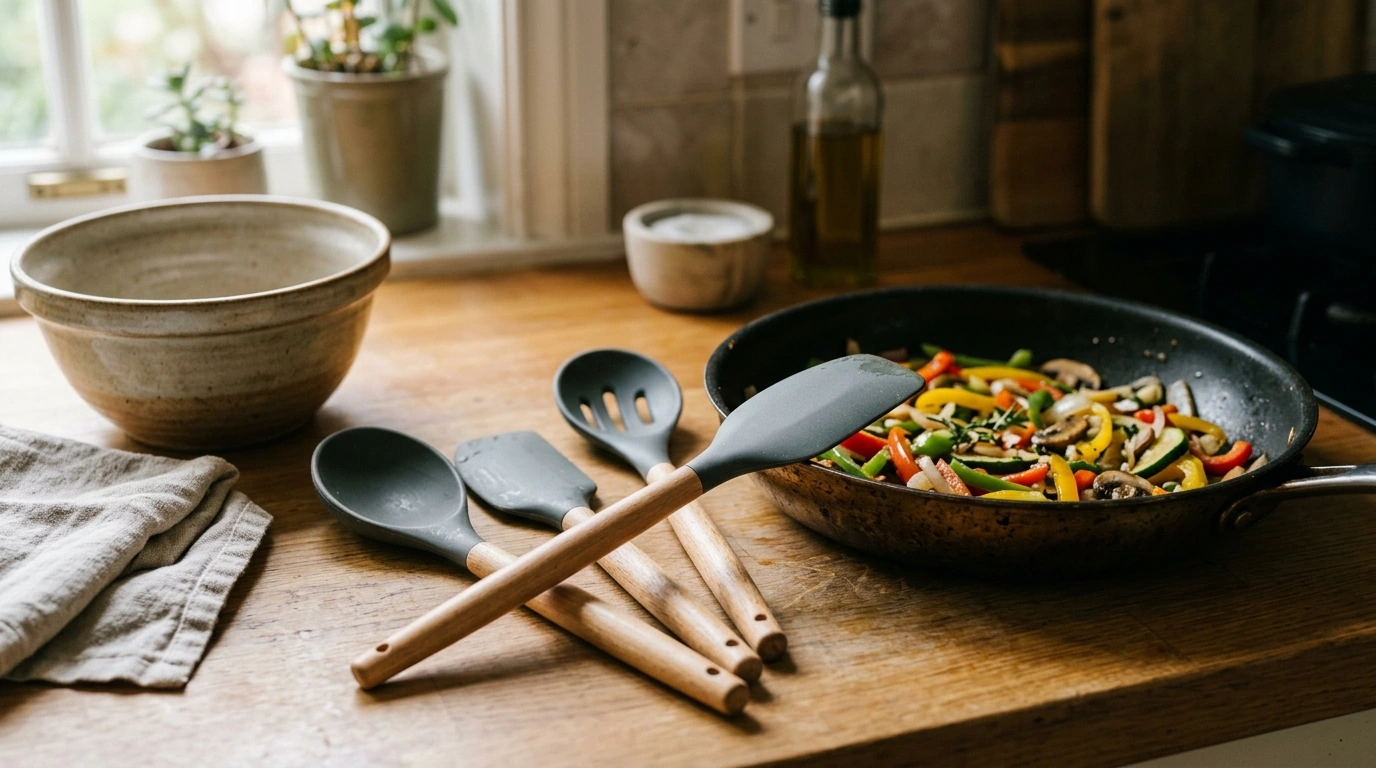 4-Piece Silicone Utensil Set with Wooden Handles