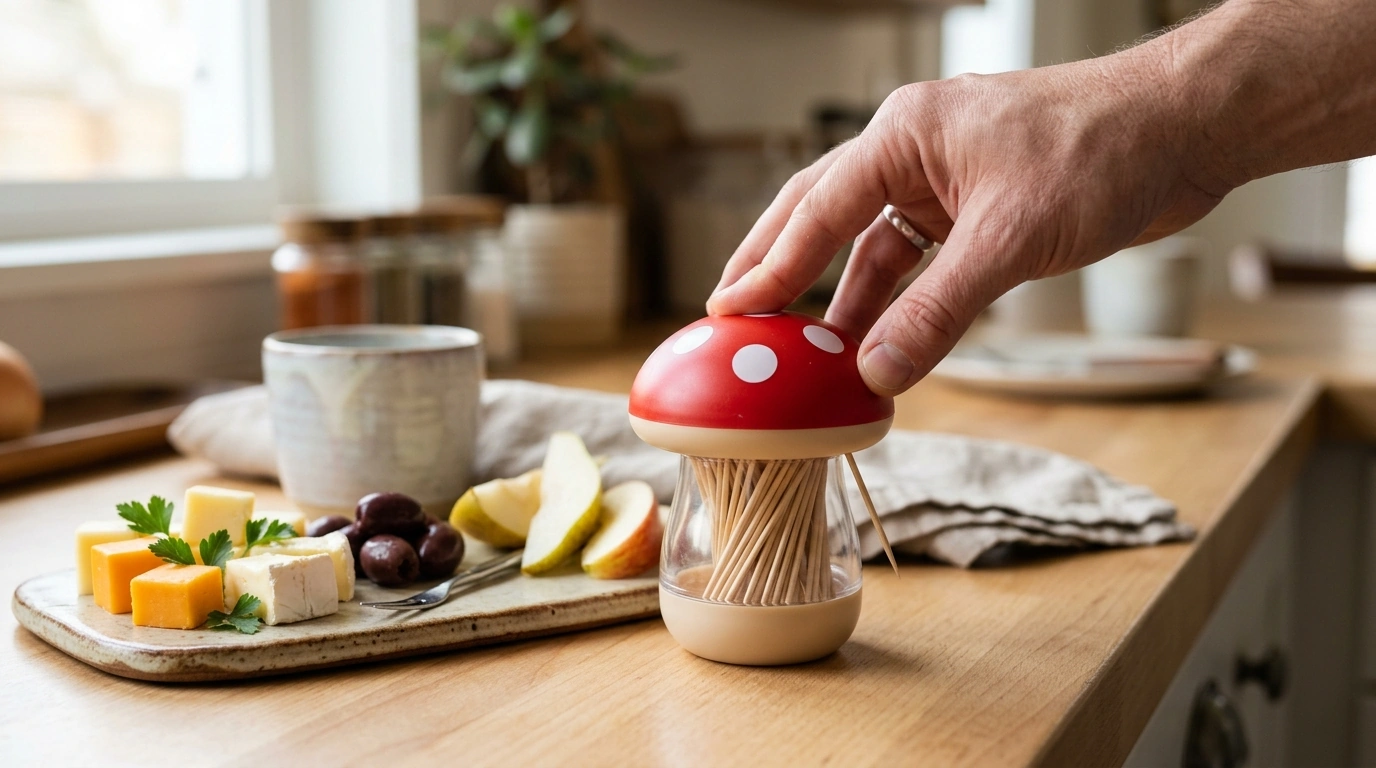 Mushroom Push Toothpick Holder: Clean One-Hand Dispenser