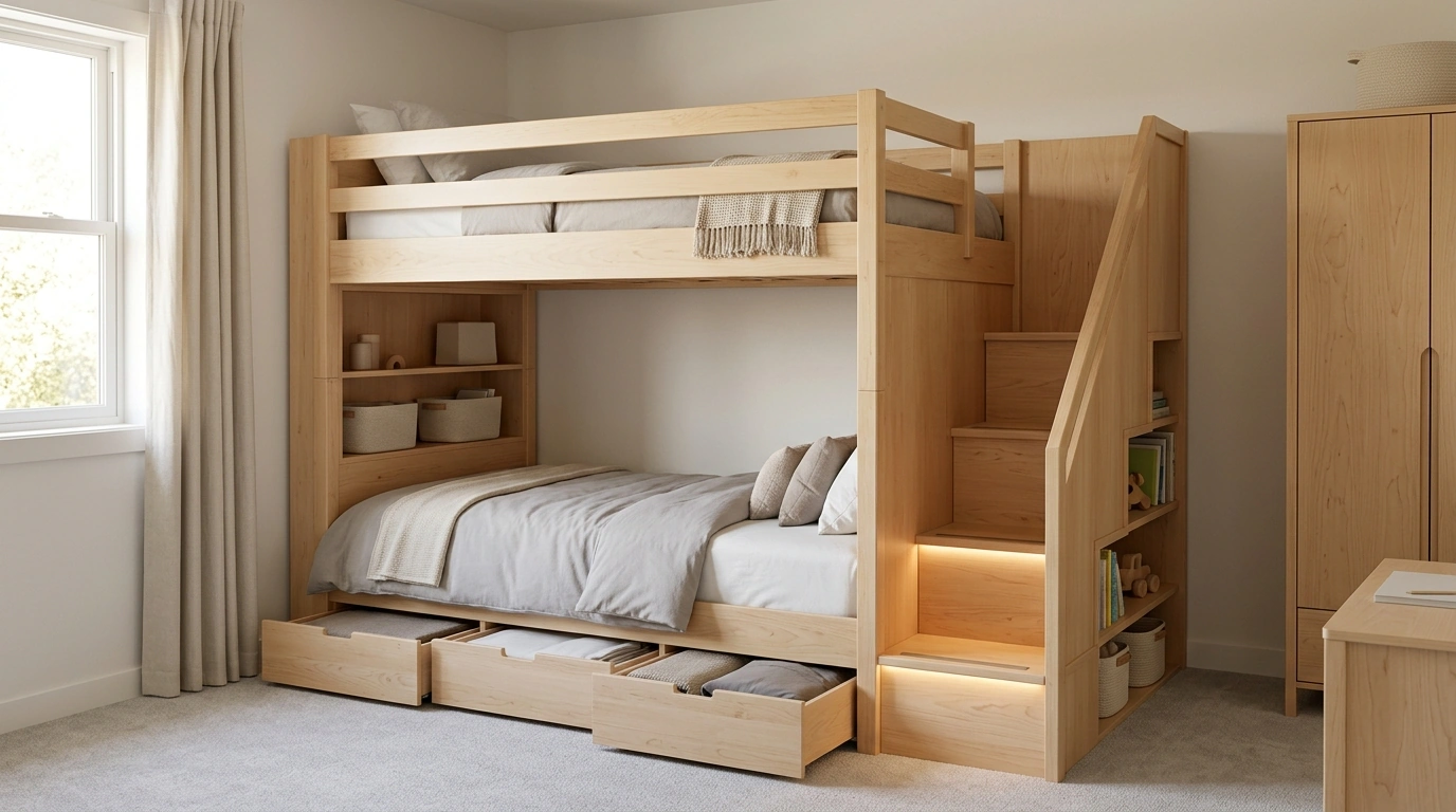 Twin Over Full Bunk Bed: Storage Stairs, Shelves & Drawers