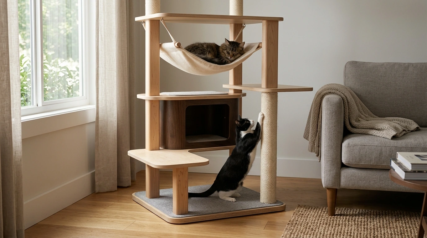 Wooden Cat Tree Tower: Condo, Hammock & Scratch Zones