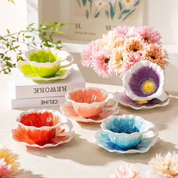 Floral European Ceramic Cup with Butterfly Relief Charm